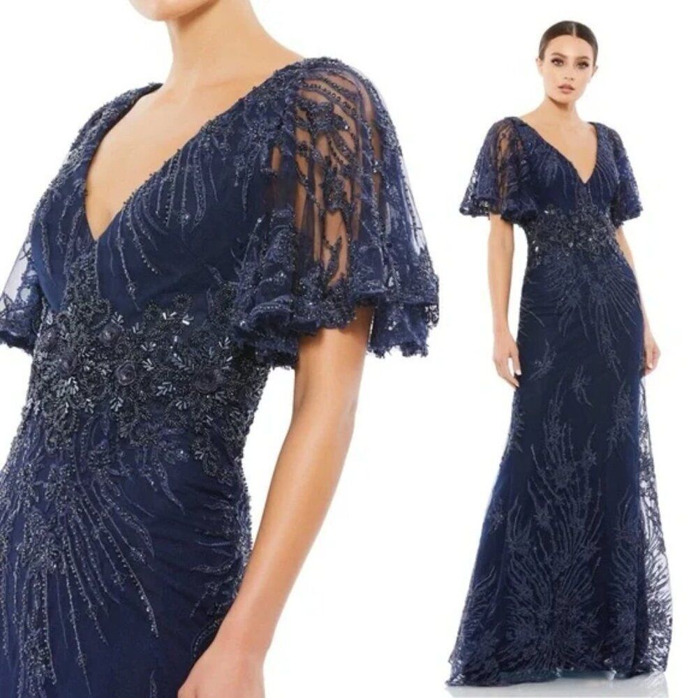 Mac Duggal Size 18 Dark Blue Floral Flutter Sleeve Evening‎ Long Maxi Gown Dress